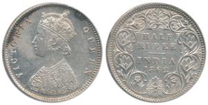 Victoria Queen, Silver ½ Rupee, 1862, A / I. Extremely Fine.