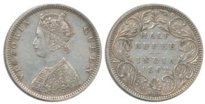 Victoria Queen, Silver ½ Rupee, 1862, B2 / II. About Extremely Fine.