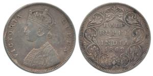 Victoria Queen, Silver ½ Rupee, 1862, C / II (Wyon ’s Die Obv.). Very Fine+.