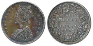 Victoria Queen, Silver ½ Rupee, 1862, C / II. Nice rainbow toning, Very Fine+.