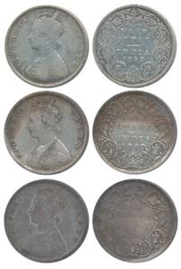 Victoria Queen and Empress, Silver ½ Rupee (3), 1862, B1 / II (2) and 1899, A / I / ’B’ in