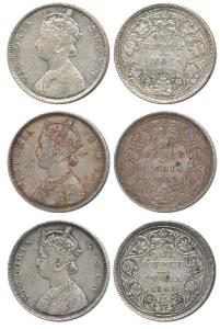 Victoria Queen, Silver Rupee, 1862, B / II / 1 / 0; B / II / 0 / 3; B / II / 0 / 4. Very F