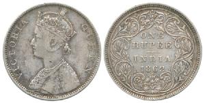 Victoria Queen, Silver Rupee, 1862, Bombay Mint, B / II / 0 / 6 dots. About Very Fine, Unl