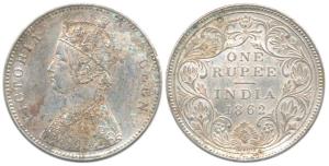 Victoria Queen, Silver Rupee, 1862, Calcutta Mint, A / II, 4 Pineapple cones, (Prid 62). A