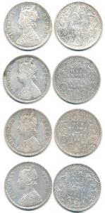 Victoria Queen, Silver Rupee (4), 1862, Calcutta Mint, A / I, with crescent, 1 in date til