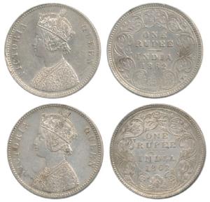 Victoria Queen, Silver Rupee, 1862, A / I and A / IIa, both with crescent and V. Extremely