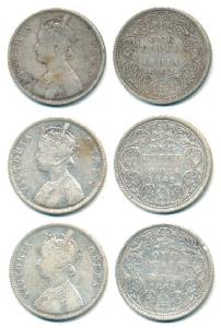 Victoria Queen, Silver Rupee, 1862, A / I 0 / 4 and B / I / 0 / 4 (2). Fine+, Rare. (3)