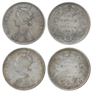 Victoria Queen, Silver Rupee, 1862, A / II / 0 / 11, A / II / 0 / 12. About Very Fine to V