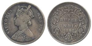 Victoria Queen, Silver Rupee, 1862, A / II / 1 / 10 with top dot above N of ONE. Very Fine