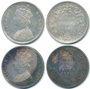 Victoria Queen, Silver Rupee, 1862, A / II / 0 / 6 (two micro dots); 1892, C2 / I / ’B’ ra