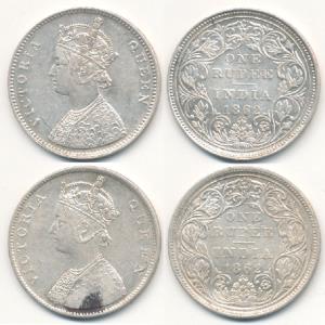 Victoria Queen, Silver Rupee, 1862, A / II / 0 / 4; B / II / 0 / 4. Very Fine to About Ext