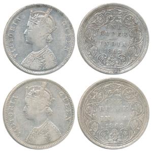 Victoria Queen, Silver Rupee, 1862, A / II / 1 / 10 with top dot above N of ONE and A / II