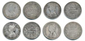 Victoria Queen, Silver 2 Annas, 1874, Bombay Mint, A / I, 1875 (2), Calcutta Mint, A / I, 