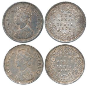 Victoria Queen and Empress, Silver 2 Annas, 1874, A / I, No mint mark and 1885, A / I / ’B