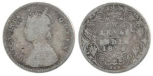 Victoria Queen, Silver 2 Annas, 1876, Calcutta Mint, A / I. Fine, Very Rare.