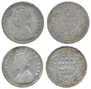 Victoria Empress, Silver 2 Annas, 1877, Bombay Mint, A / I / dot, Calcutta Mint, A / I, No