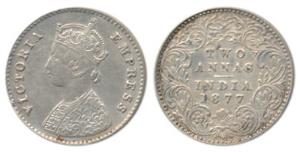 Victoria Empress, Silver 2 Annas, 1877, Calcutta Mint, A / I, No mint mark. Extremely Fine