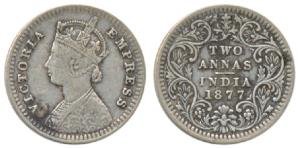 Victoria Empress, Silver 2 Annas, 1877, Bombay Mint, B / II / dot in the top flower. Very 