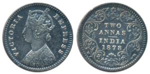 Victoria Empress, Silver 2 Annas, 1878, Calcutta Mint, B / II, No mint mark. Very Fine+, V