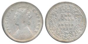 Victoria Empress, Silver 2 Annas, 1879, Calcutta Mint, B / II / ’C’ incuse. Fine, Rare.