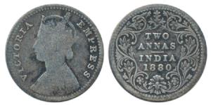 Victoria Queen, Silver 2 Annas, 1880, Calcutta Mint, B / II / ’C’ incuse. Fine, Rare.