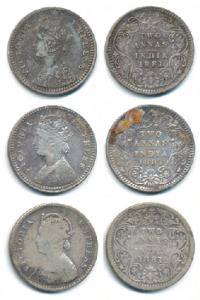 Victoria Empress, Silver 2 Annas, 1881, Bombay Mint, A / II / dot, Calcutta Mint, B / II /