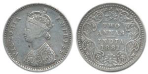Victoria Empress, Silver 2 Annas, 1881, Bombay Mint, A / II / dot. Very Fine+, Very Rare.
