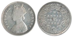 Victoria Empress, Silver 2 Annas, 1882, Bombay Mint, A / I / dot. Very Fine, Very Rare.