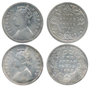 Victoria Empress, Silver 2 Annas, 1883, Bombay Mint, A / I / dot, Calcutta Mint, B / II / 
