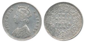 Victoria Empress, Silver 2 Annas, 1884, Bombay Mint, A / I, No mint mark. Extremely Fine, 