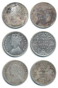 Victoria Empress, Silver 2 Annas, 1885, Bombay Mint, A / I / ’B’ raised, Calcutta Mint, B 