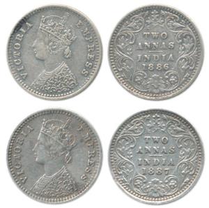 Victoria Empress, Silver 2 Annas, 1886 and 1887, Bombay Mint, B / II / ’B’ incuse. Very Fi