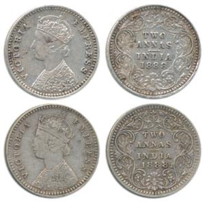 Victoria Empress, Silver 2 Annas, 1888, Bombay Mint, B / II / ’B’ incuse, Calcutta Mint, B