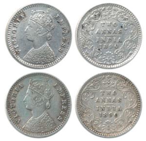 Victoria Empress, Silver 2 Annas, 1888, Bombay Mint, B / II / ’B’ raised and B / II, No mi