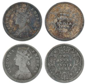 Victoria Empress, Silver 2 Annas, 1888, Calcutta Mint, B / II, No mint mark. Fine+ to Very