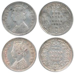 Victoria Empress, Silver 2 Annas, 1889, Bombay Mint, B / II / ’B’ incuse, Calcutta Mint, B