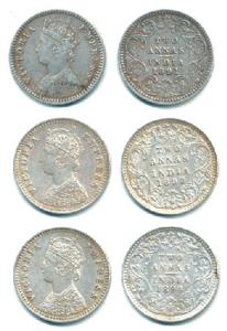 Victoria Empress, Silver 2 Annas, 1891, Calcutta Mint, B / II / ’C’ incuse, 1892 and 1894,