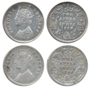 Victoria Empress, Silver 2 Annas, 1896, Bombay Mint, B / II / ’B’ incuse, Calcutta Mint, B