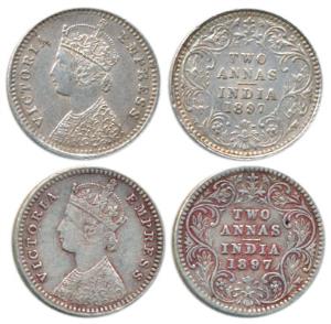 Victoria Empress, Silver 2 Annas, 1897, Bombay Mint, B / II / ’B’ incuse, Calcutta Mint, B