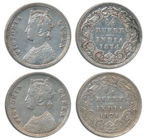 Victoria Queen, Silver ¼ Rupee, 1874, Bombay Mint, A / I / dot, Calcutta Mint, A / I, No m