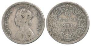 Victoria Queen, Silver ¼ Rupee, 1874, Bombay Mint, A / I / dot. Fine+.