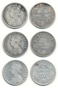 Victoria Queen, Silver ¼ Rupee, 1875, Bombay Mint, A / I, 1876, Calcutta Mint (2), A / I. 