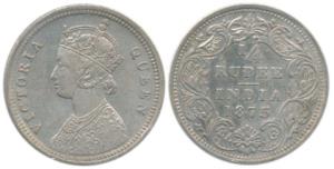 Victoria Queen, Silver ¼ Rupee, 1875, Bombay Mint, A / I. About Extremely Fine.