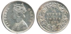Victoria Queen, Silver ¼ Rupee, Error, 1875, Calcutta Mint, A / I, the word RUPEE on rev. 