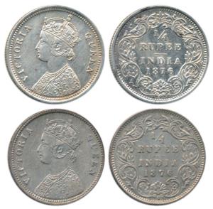 Victoria Queen, Silver ¼ Rupee, 1876, Bombay Mint, A / I, Calcutta Mint, A / I. Extremely 