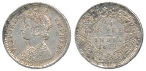 Victoria Empress, Silver ¼ Rupee, 1877, Bombay Mint, B / I / dot. Extremely Fine, Very Rar