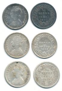 Victoria Empress, Silver ¼ Rupee, 1877, Bombay Mint (2), A / I / dot, Calcutta Mint, B / I