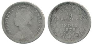Victoria Empress, Silver ¼ Rupee, 1878, Calcutta Mint, C / II, No mint mark. Fine, Very Ra