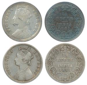 Victoria Empress, Silver ¼ Rupee, 1881, Bombay Mint, A / II / dot, Calcutta Mint, C / II /