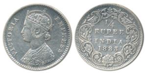 Victoria Empress, Silver ¼ Rupee, 1883, Bombay Mint, B / I / dot. Very Fine+, Very Rare.